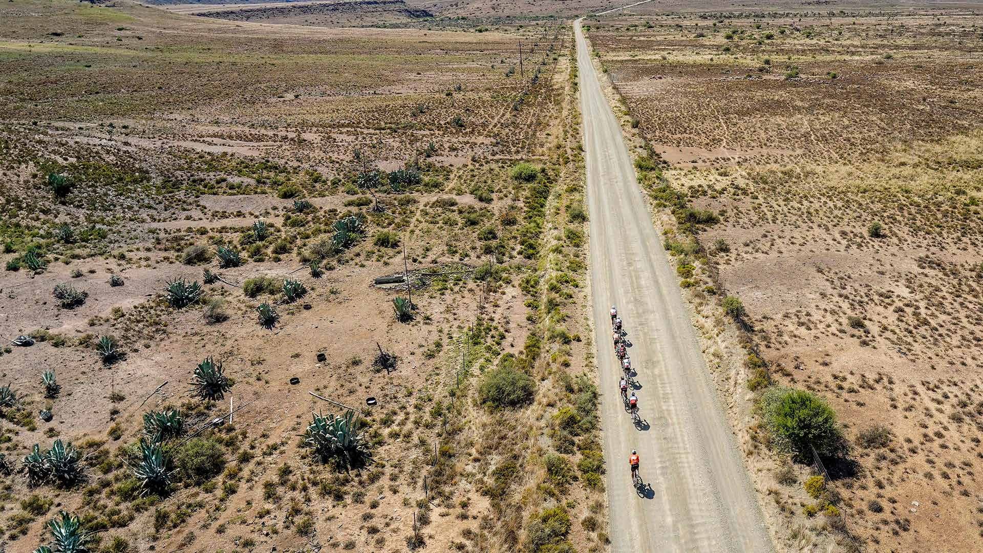 A long gravel road through the Karoo, seen from above