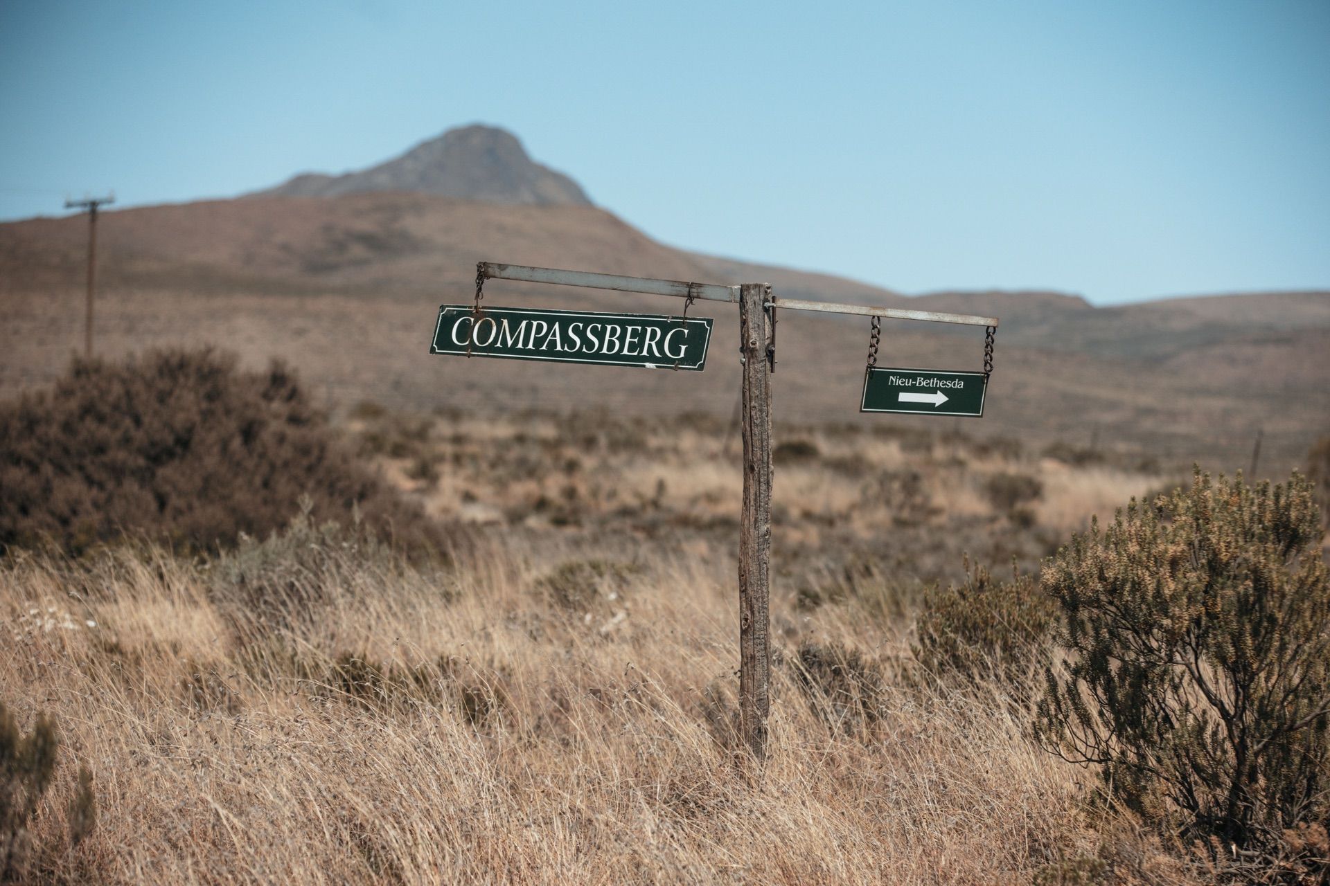 A Compassberg road sign below the mountain